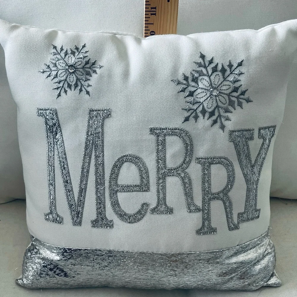 “Merry” silver metallic embroidered on white snowflake holiday Christmas pillow